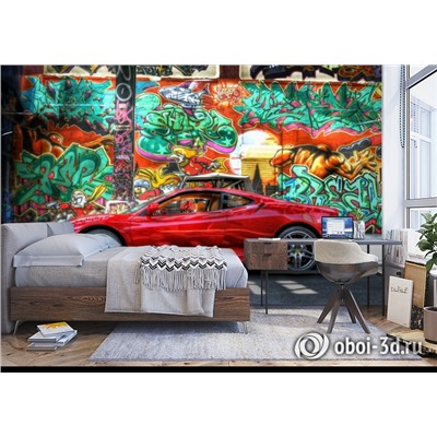 3D Фотообои «Красный автомобиль на фоне граффити»