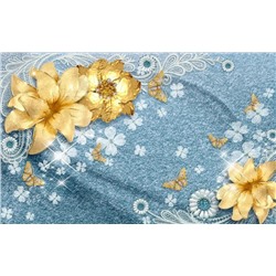 3D Фотообои «Золотые цветы с бабочками на голубой ткани»