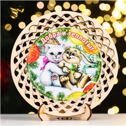 Тарелка сувенирная "Год Кролика. Добра и теплоты!", дерево, ламинация, d=13 см