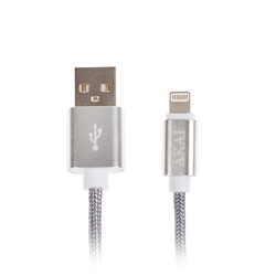 Кабель Akai, Lightning - USB, текстильная оплетка, плоский, 1,5 А, 1 м, серый