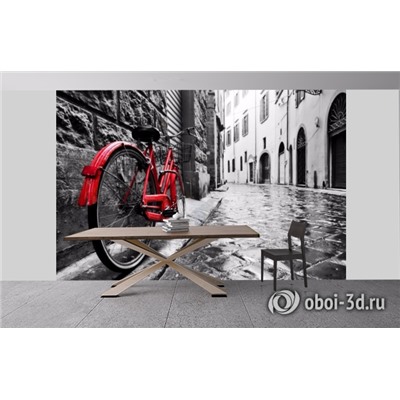 3D Фотообои «Красный велосипед на черно белой улочке»