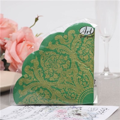 Салфетки бумажные "Art Bouquet" Золотой орнамент на зеленом, 3 слоя, 12 листов, d 32