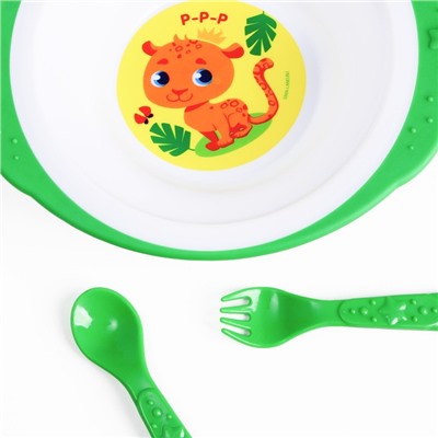 Набор детской посуды «Леопард», тарелка на присоске 250мл, вилка, ложка
