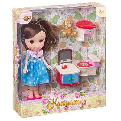 Кукла Катенька 16,5 см с набором мебели  "Ванная комната", ВОХ 18?5?20 см,  арт.M6609.