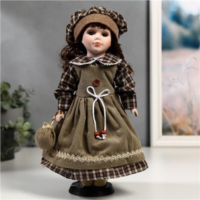 Кукла коллекционная керамика "Ника в оливковом сарафане и платье в клетку" 30 см