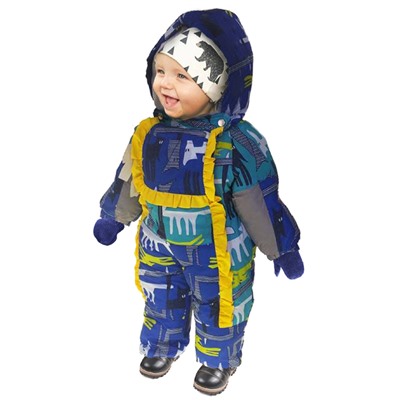 Рост 80 см. Детский комбинезон Rich_Autumn цвета синий кобальт с ярким принтом и желтыми рюшами.