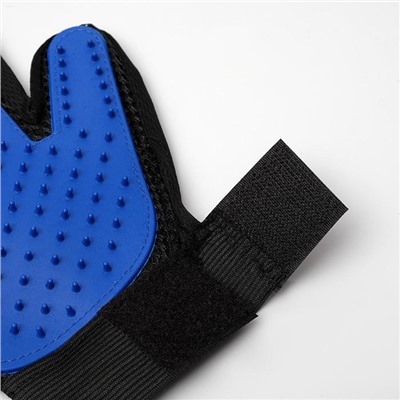 Рукавица-щетка для шерсти на правую руку из неопрена с удлиненными зубчиками, синяя