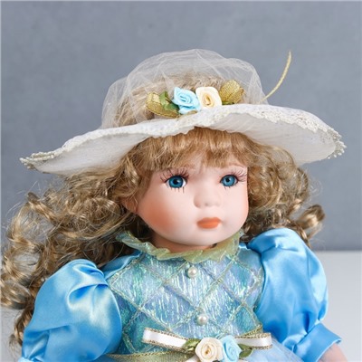 Кукла коллекционная керамика "Наташа в нежно-голубом платье в шляпке" 30 см