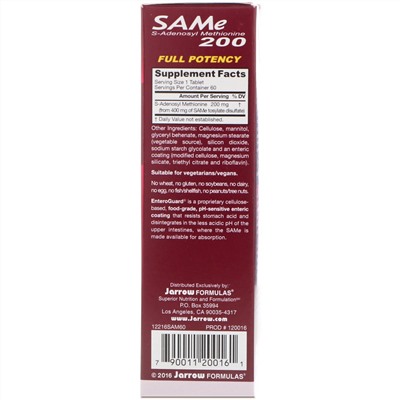 Jarrow Formulas, Натуральный SAM-e (S-Аденозил-L-метионин) 200, 200 мг, 60 таблеток, покрытых желудочно-резистентной оболочкой