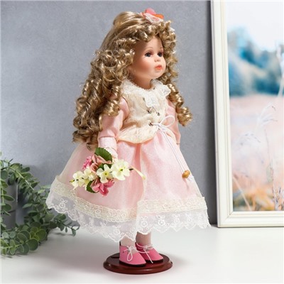 Кукла коллекционная керамика "Машенька в нежно-розовом платье с букетом" 37 см