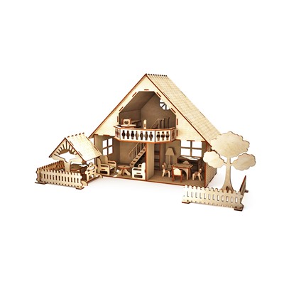 Кукольный домик с мебелью, беседкой и заборчиком
