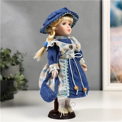 Кукла коллекционная керамика "Алиса в джинсовом платье с клетчатой накидкой" 30 см