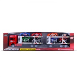 Handers HAC1613-130-1 Набор машин Трейлер с прицепом: супер гонки (4 квадр., 4 маш., инерц. трейлер 58см, 1:32, красный)