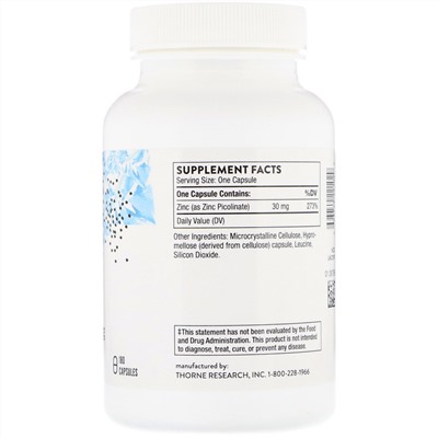 Thorne Research, Пиколинат цинка, 30 мг, 180 капсул