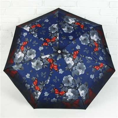 Зонт механический мини «Цветы», 4 сложения, 7 спиц, R = 47 см, цвет синий