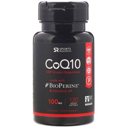 Sports Research, Коэнзим Q10 с экстрактом BioPerine и кокосовым маслом, 100 мг, 120 растительных мягких таблеток