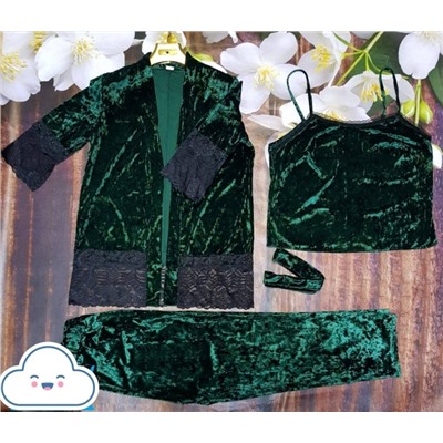 Домашний костюм велюр SIZE PLUS халат, топ и брюки зеленый  IL06