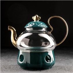 Чайник заварочный «Элегия», 600 мл, с металлическим ситом и подставкой для подогрева, цвет изумруд/золото