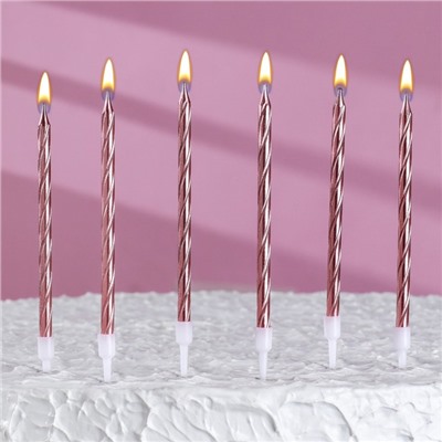 Свечи в торт витые с подставкой, 6 шт, 14 см, розовый блик