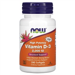 Now Foods, витамин D3, высокоактивный, 50 мкг (2000 МЕ), 240 мягких таблеток