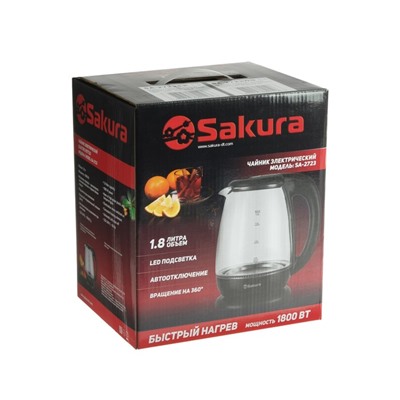 Чайник электрический Sakura SA-2723WG, стекло, 1.8 л, 1800 Вт, подсветка, белый