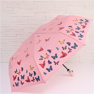 Зонт автоматический «Бабочки», ветроустойчивый, проявляющийся рисунок, 3 сложения, 8 спиц, R = 51 см, цвет МИКС