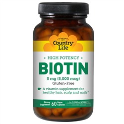 Country Life, Биотин, высокая эффективность, 5 мг, 60 вегетарианских капсул