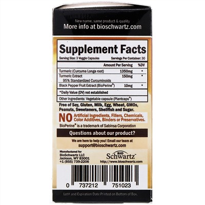 BioSchwartz, Premium Ultra Pure Turmeric Curcumin with Bioperine, 1,500 mg, 90 Veggie Caps