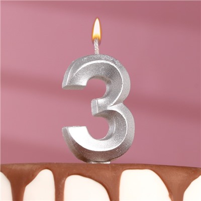 Свеча в торт "Грань", цифра "3", серебряный металлик, 7.8 см