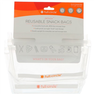 Full Circle, ZipTuck, многоразовые пакеты для закусок, прозрачные, 2 пакета