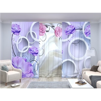 Комплект: Фиолетовые цветы с кружками + Белый шелк с розами