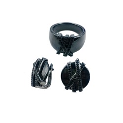 Набор серьги с кольцом керамика черная с черной эмалью