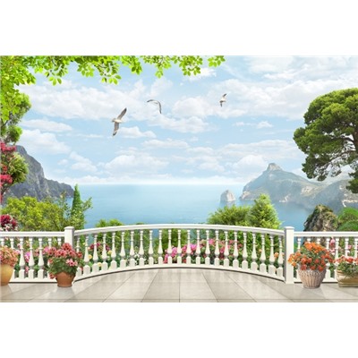 3D Фотообои «Вид на залив с белого балкона»