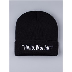 Шапка вязаная для мальчика на отвороте надпись "Hello, World", черный