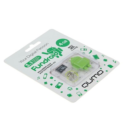 Карта памяти Qumo Fundroid  MicroSD 4GB Class 10 + USB картридер , зеленый