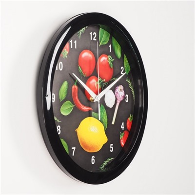 Часы настенные, серия: Кухня "Овощи на черном фоне", плавный ход, d=28