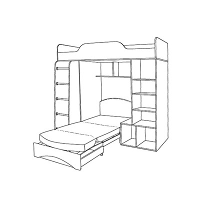 Кровать-чердак с диваном Тетрис 366, Дуб белый крафт/Оранжевый/Арт01