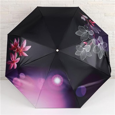 Зонт автоматический «Цветы на чёрном», 3 сложения, 8 спиц, R = 52 см, цвет МИКС
