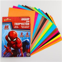 Набор «Герой» А4: 8 листов цветного одностороннего мелованного картона и 8 листов цветной двусторонней бумаги «Человек-паук»