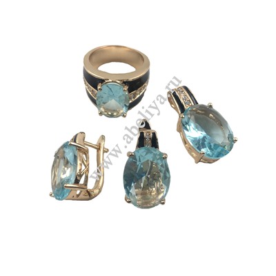 Набор серьги,кольцо, подвеска циркон голубой позолоченный