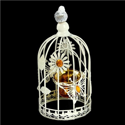 Подсвечник металл 1 свеча "Клетка с птицей. Бабочки и цветы" 25х12х12 см