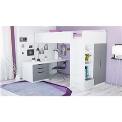 Кроватка-чердак Polini kids Simple с письменным столом и шкафом, цвет белый-серый