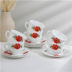 Сервиз чайный Доляна «Бархатная роза», 12 предметов: чашка 200 мл, блюдце d=14 см, цвет белый