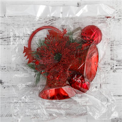 Украшение новогоднее "Два колокольчика с цветком и шариками" 19х41 см, красный