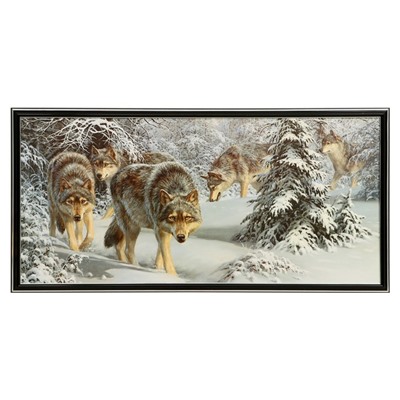 Картина "Волчья стая в снежном лесу" 36х73 см