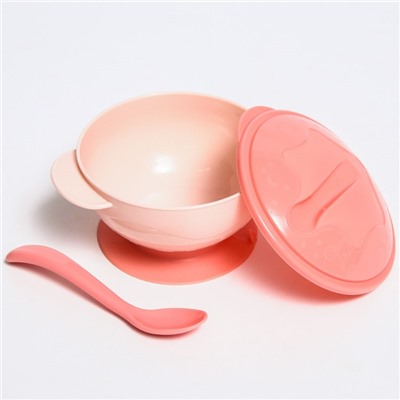 Набор для кормления: миска на присоске с крышкой, ложка, 400 мл., цвет розовый