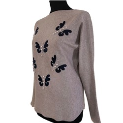 Размер единый 42-46. Модный женский свитер Waltz цвета кремовой пудры с рисунком "Бабочки".