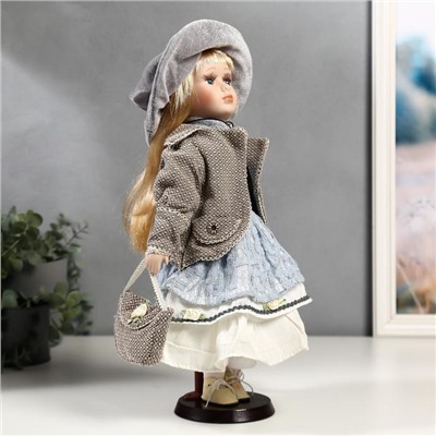 Кукла коллекционная керамика "Лиза в голубом кружевном платье и серой курточке" 40 см