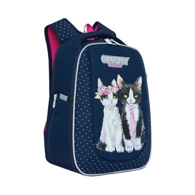 Рюкзак каркасный Grizzly RAf-192, 39*30*18, для девочки "Коты", синий