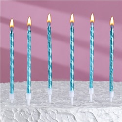 Свечи в торт витые с подставкой, 6 шт, 14 см, небесно-голубой